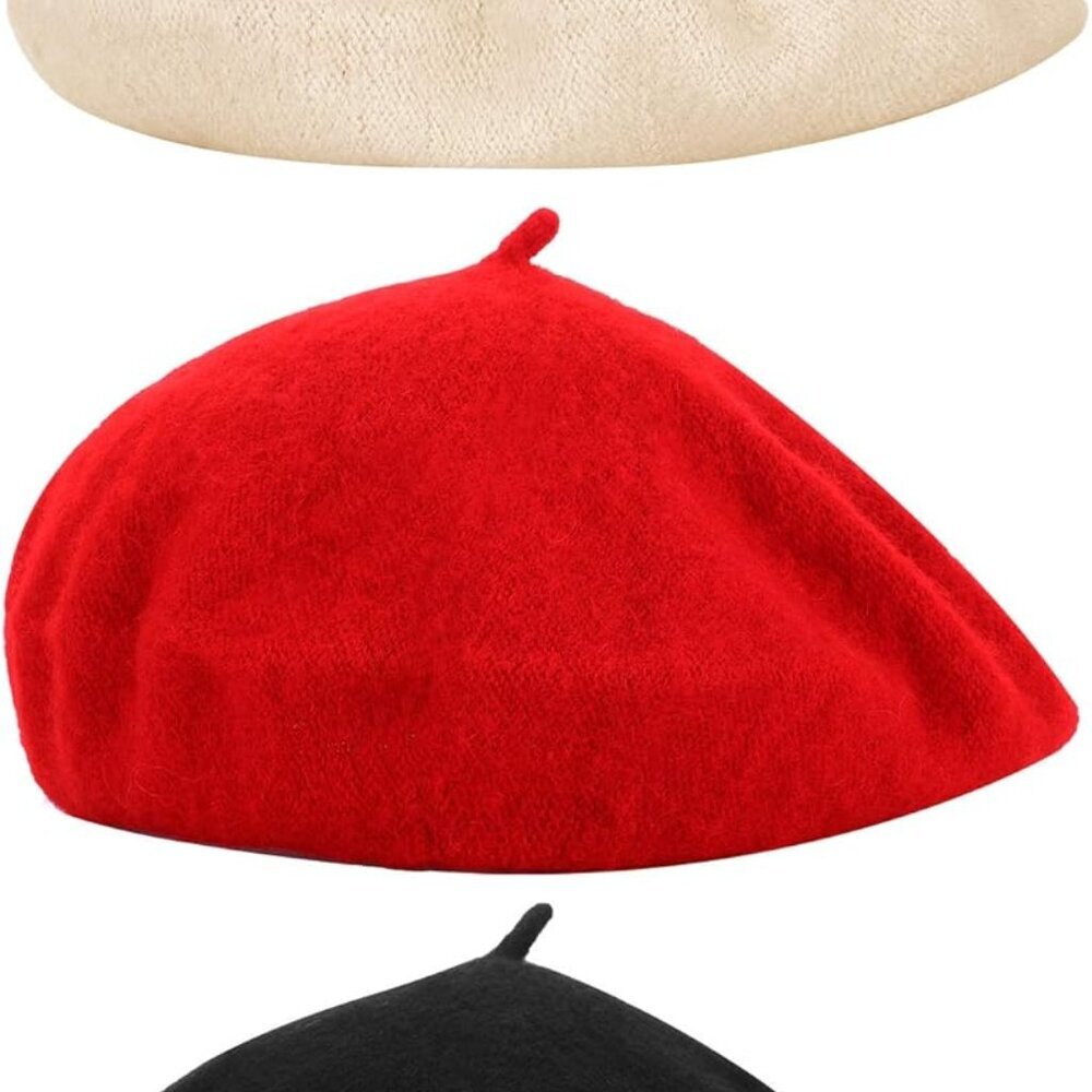 3 Pieces Wool Beret Hat French Style Wool Beanie Cap Solid Color Winter Hat for